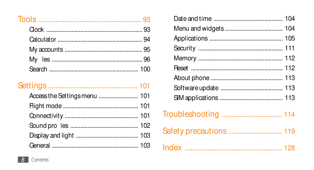 Samsung GT-S7230DWEVD2, GT-S7230TAEVD2, GT-S7230TAEDTO manual Tools, Settings, Troubleshooting, Safety precautions, Index 
