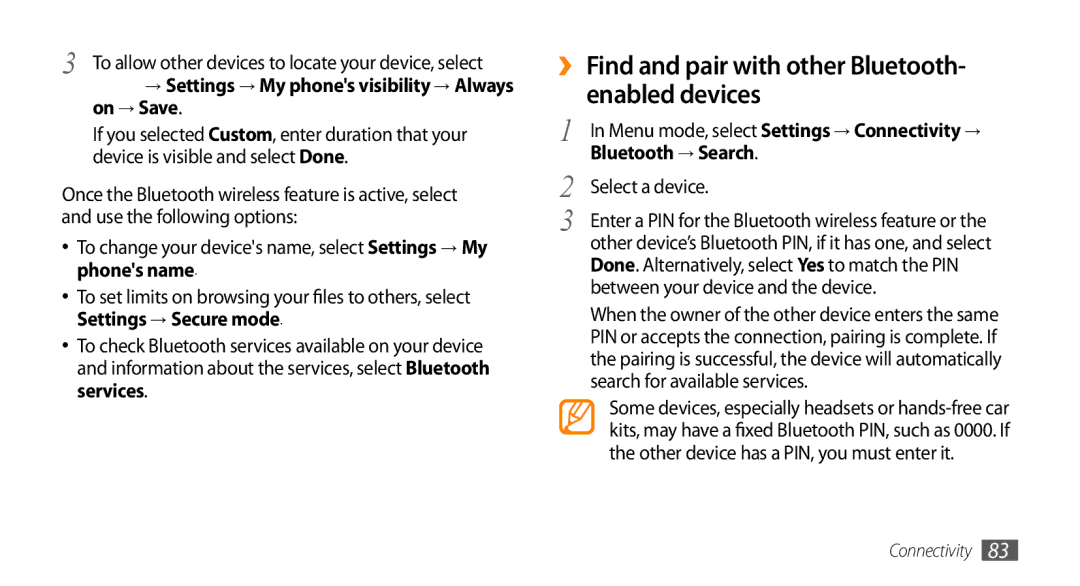 Samsung GT-S7230GRFXEZ, GT-S7230TAEVD2 manual ›› Find and pair with other Bluetooth- enabled devices, Bluetooth → Search 