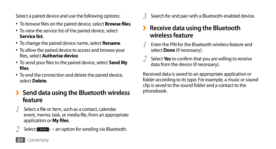 Samsung GT-S7230GREXEZ, GT-S7230TAEVD2 manual ›› Send data using the Bluetooth wireless feature, Application or My files 