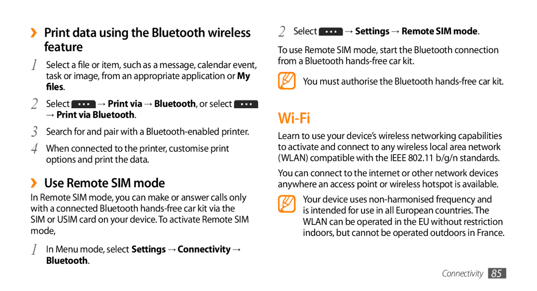 Samsung GT-S7230DWEXEZ manual Wi-Fi, ›› Print data using the Bluetooth wireless feature, ›› Use Remote SIM mode, Files 