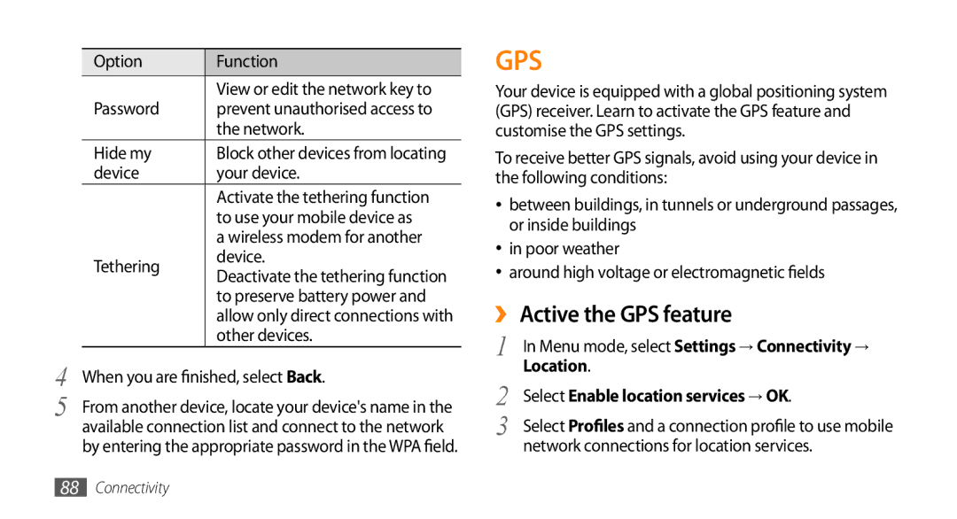 Samsung GT-S7230TAENEE, GT-S7230TAEVD2 manual ›› Active the GPS feature, Location, Select Enable location services → OK 