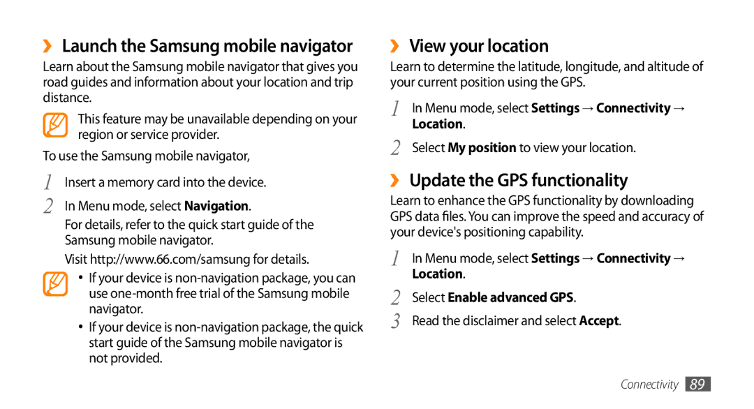 Samsung GT-S7230GRENEE, GT-S7230TAEVD2 ›› View your location, ›› Update the GPS functionality, Select Enable advanced GPS 