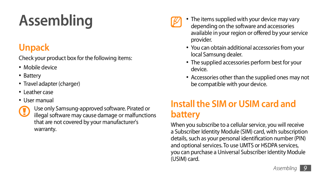 Samsung GT-S7230DWEDBT, GT-S7230TAEVD2, GT-S7230TAEDTO manual Assembling, Unpack, Install the SIM or Usim card and battery 