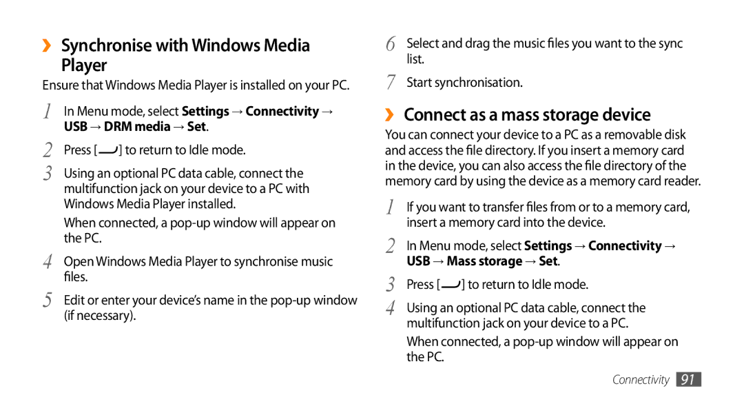 Samsung GT-S7230TAESEB, GT-S7230TAEVD2 manual ›› Synchronise with Windows Media Player, ›› Connect as a mass storage device 