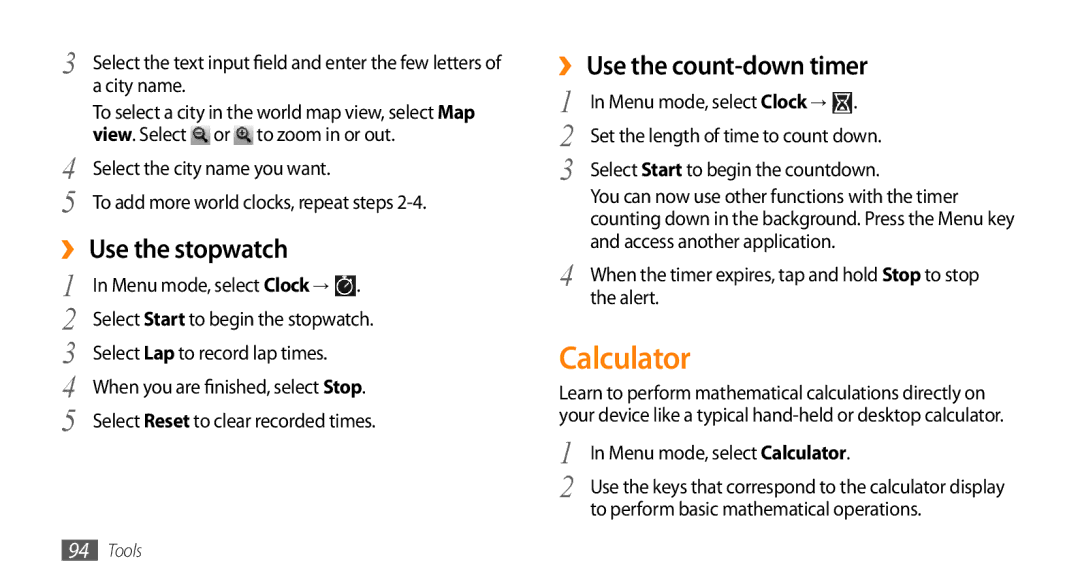 Samsung GT-S7230DWESEB, GT-S7230TAEVD2, GT-S7230TAEDTO manual Calculator, ›› Use the stopwatch, ›› Use the count-down timer 