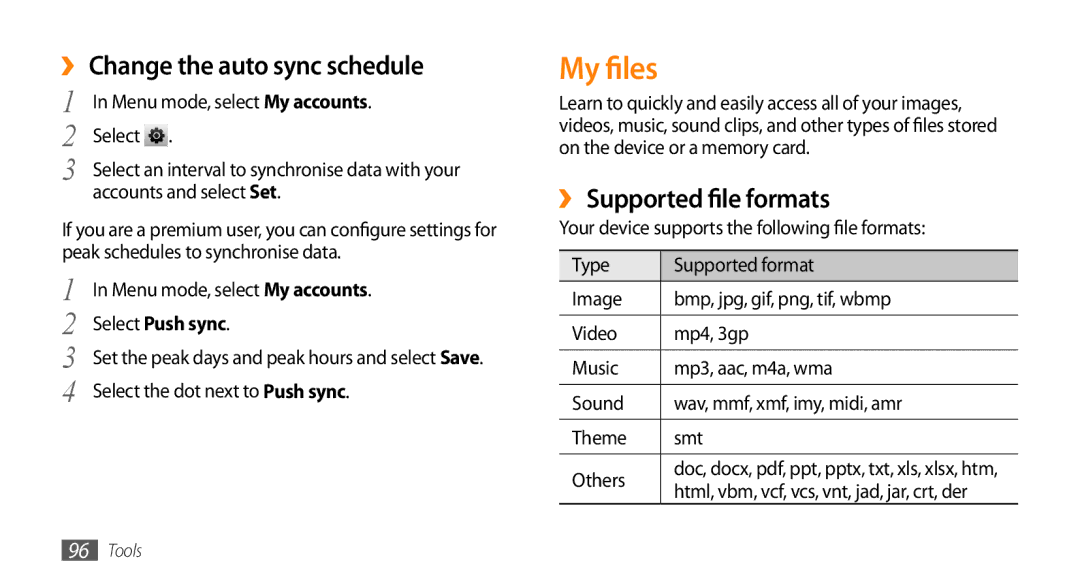 Samsung GT-S7230GRECOS manual My files, ›› Change the auto sync schedule, ›› Supported file formats, Select Push sync 