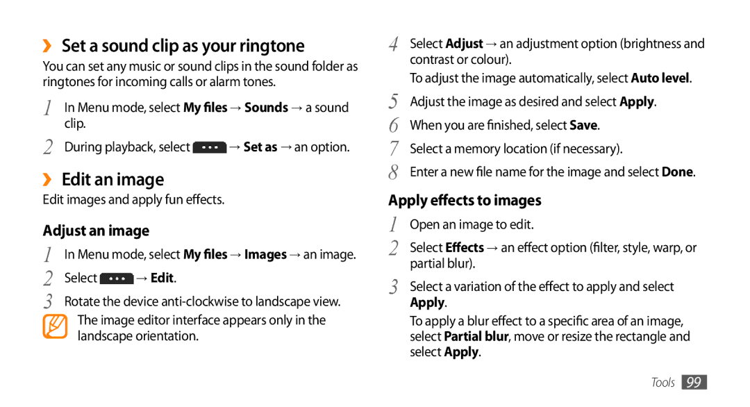 Samsung GT-S7230DWECOS ›› Set a sound clip as your ringtone, ›› Edit an image, Adjust an image, Apply effects to images 