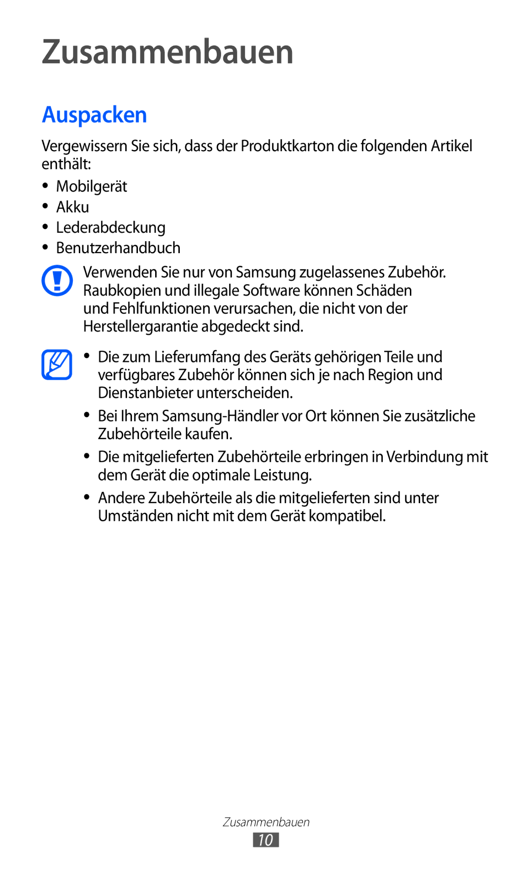 Samsung GT-S7230MKEVD2, GT-S7230TAEVD2, GT-S7230TAEDTO, GT-S7230MKEVIA, GT-S7230TAEDBT manual Zusammenbauen, Auspacken 