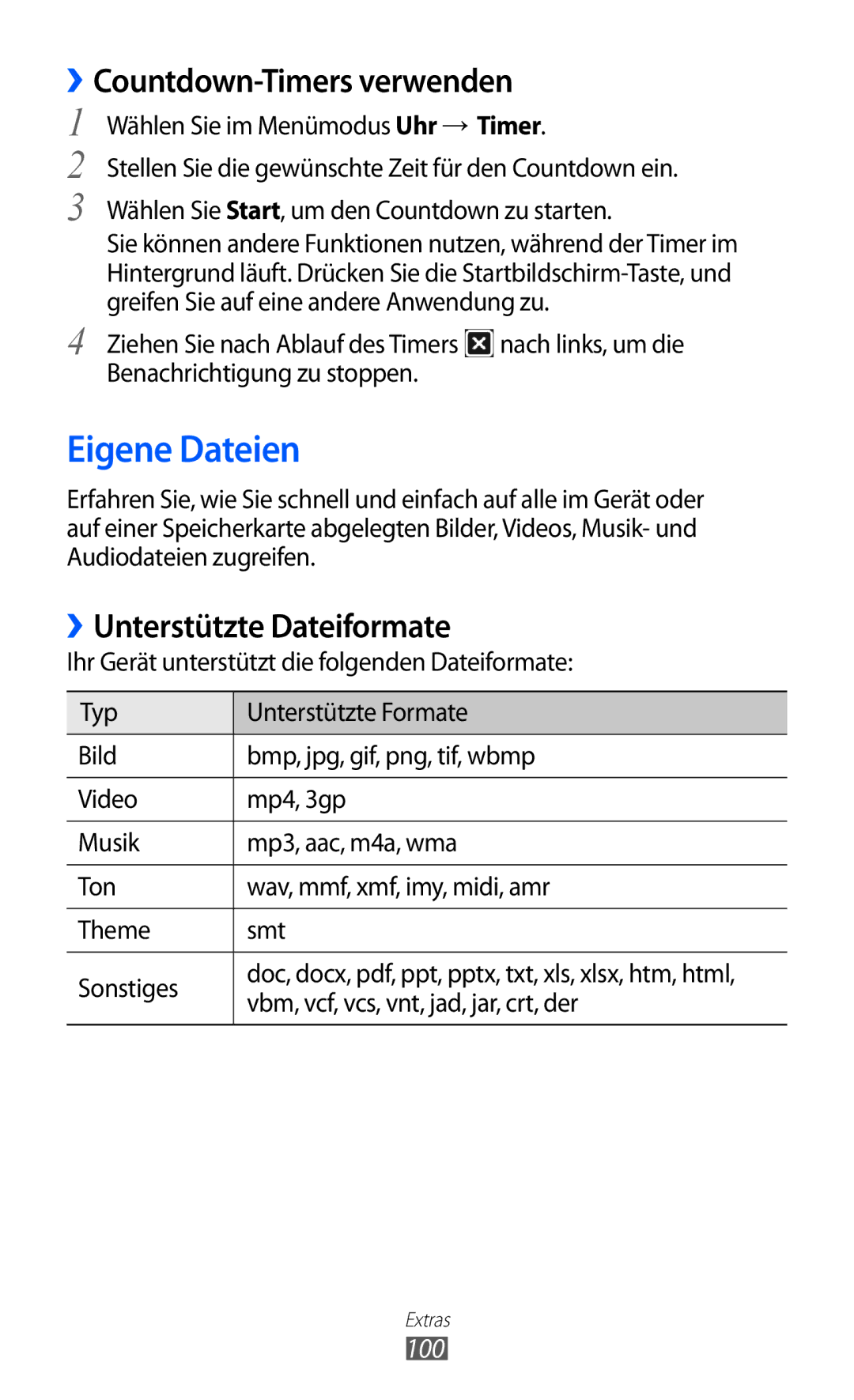 Samsung GT-S7230MKEVIA, GT-S7230TAEVD2 manual Eigene Dateien, ››Countdown-Timers verwenden, ››Unterstützte Dateiformate, 100 