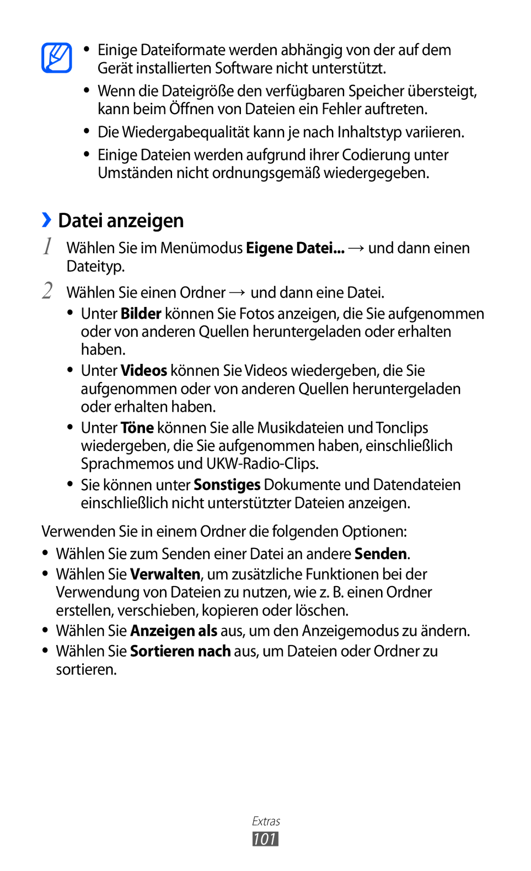 Samsung GT-S7230TAEDBT, GT-S7230TAEVD2 ››Datei anzeigen, 101, Die Wiedergabequalität kann je nach Inhaltstyp variieren 