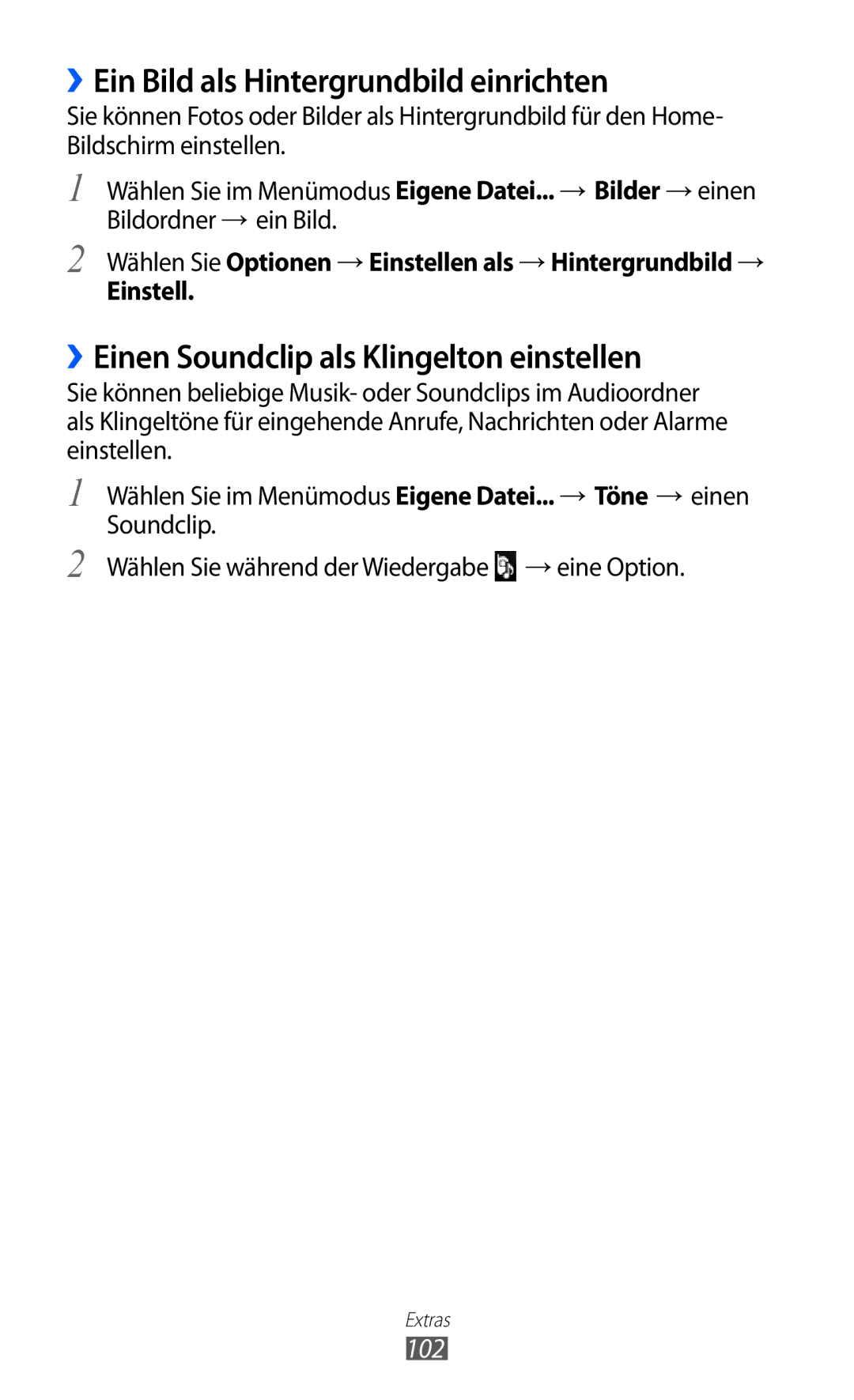 Samsung GT-S7230MKEDBT manual ››Ein Bild als Hintergrundbild einrichten, ››Einen Soundclip als Klingelton einstellen, 102 