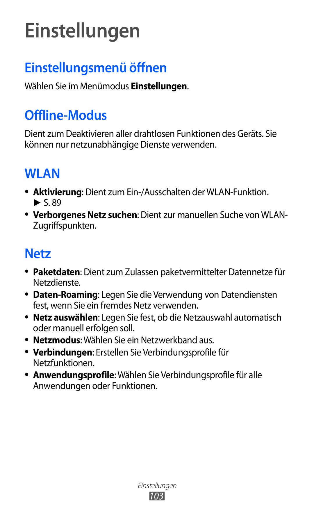 Samsung GT-S7230TAEEPL, GT-S7230TAEVD2, GT-S7230TAEDTO Einstellungen, Einstellungsmenü öffnen, Offline-Modus, Netz, 103 
