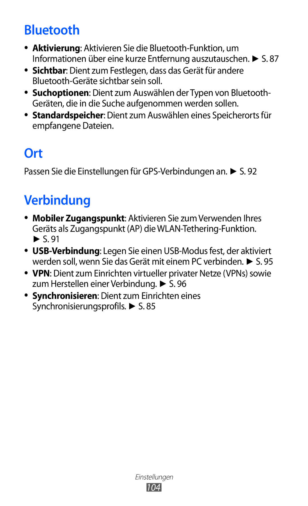 Samsung GT-S7230TAEDTM, GT-S7230TAEVD2 manual Ort, 104, Passen Sie die Einstellungen für GPS-Verbindungen an. S 