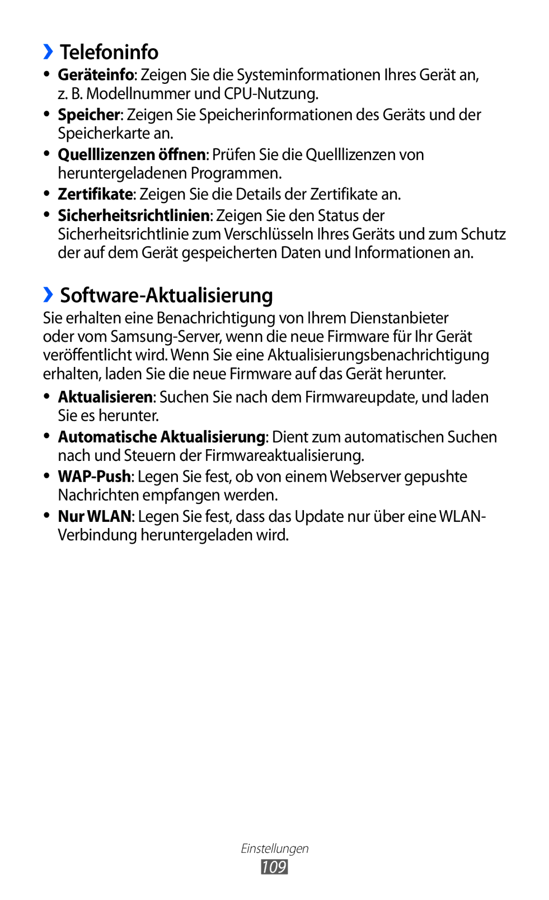 Samsung GT-S7230TAEVIA, GT-S7230TAEVD2, GT-S7230TAEDTO, GT-S7230MKEVIA manual ››Telefoninfo, ››Software-Aktualisierung, 109 