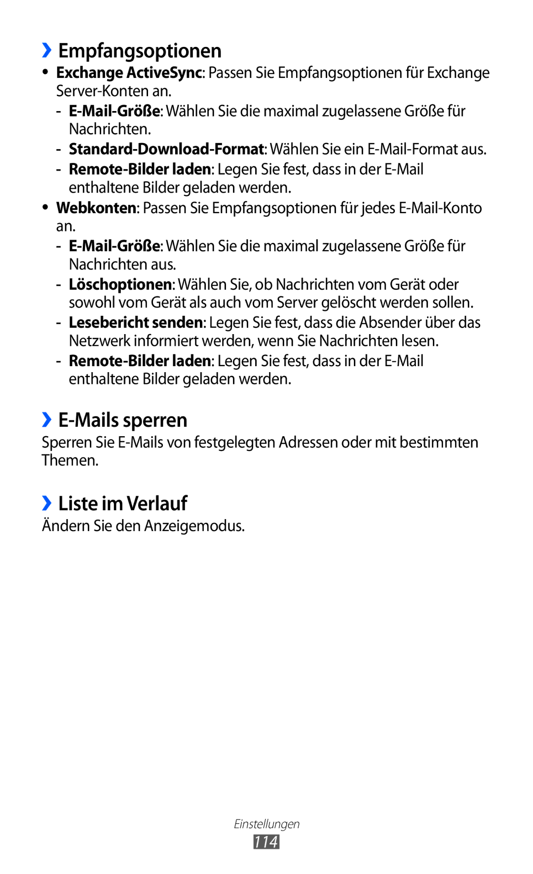 Samsung GT-S7230MKEVIA manual ››Empfangsoptionen, ››E-Mails sperren, ››Liste im Verlauf, 114, Ändern Sie den Anzeigemodus 