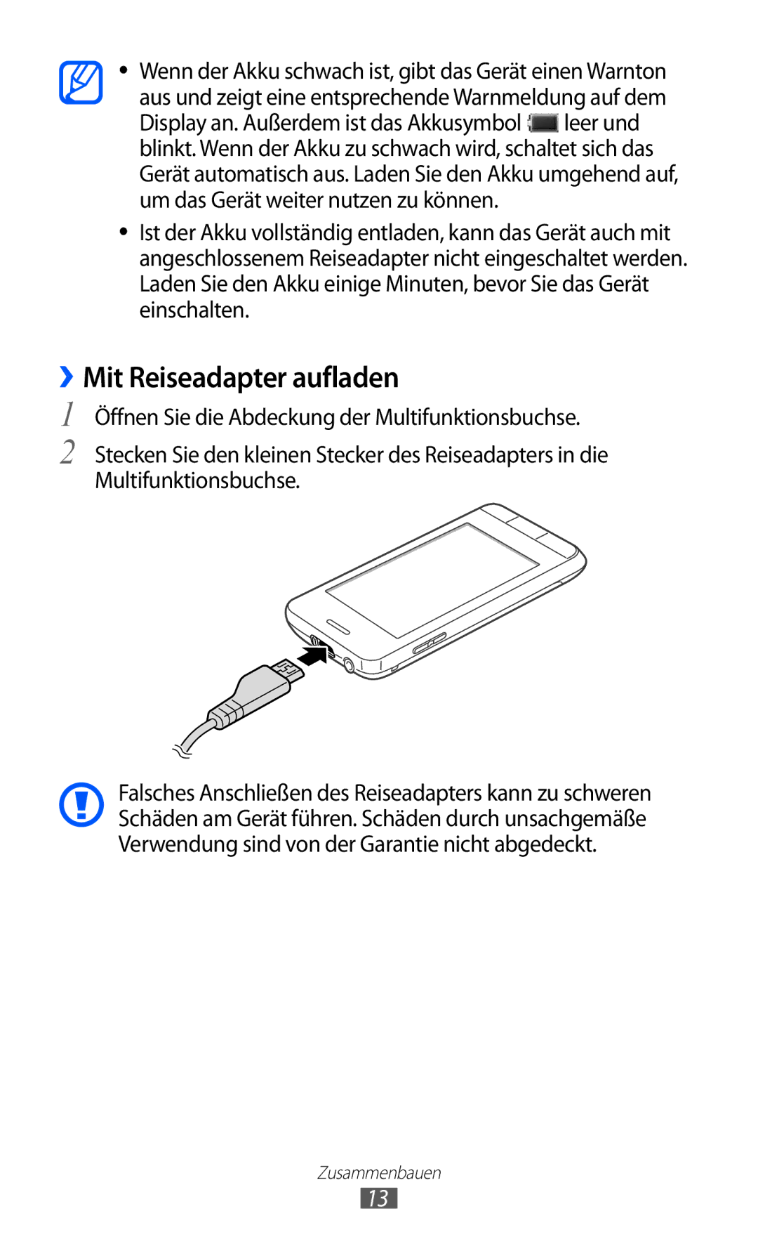 Samsung GT-S7230RIEVD2, GT-S7230TAEVD2, GT-S7230TAEDTO, GT-S7230MKEVIA, GT-S7230TAEDBT manual ››Mit Reiseadapter aufladen 