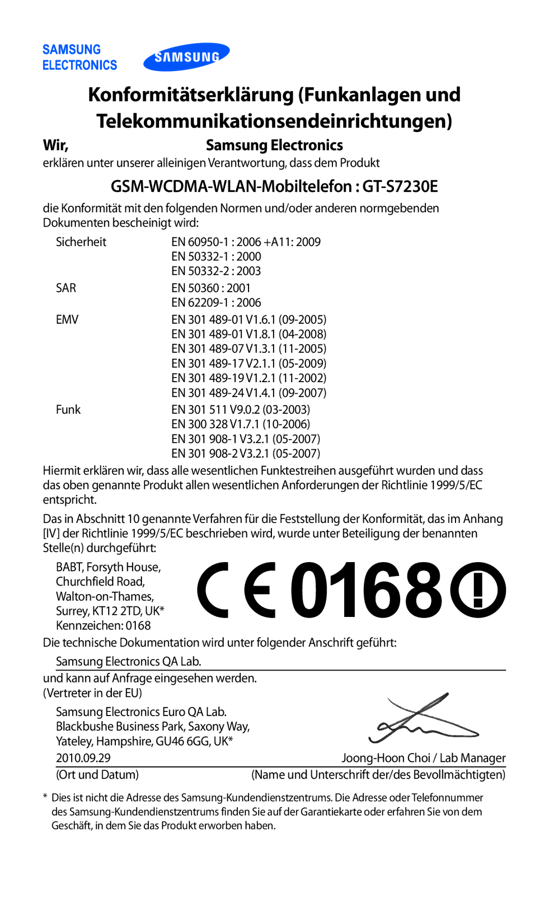 Samsung GT-S7230MKEVIA, GT-S7230TAEVD2 manual Konformitätserklärung Funkanlagen und, Telekommunikationsendeinrichtungen 