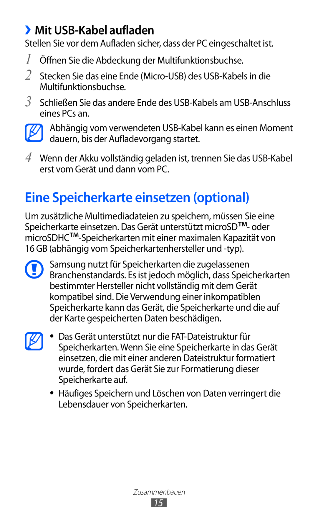 Samsung GT-S7230TAEDTO, GT-S7230TAEVD2, GT-S7230MKEVIA manual Eine Speicherkarte einsetzen optional, ››Mit USB-Kabel aufladen 