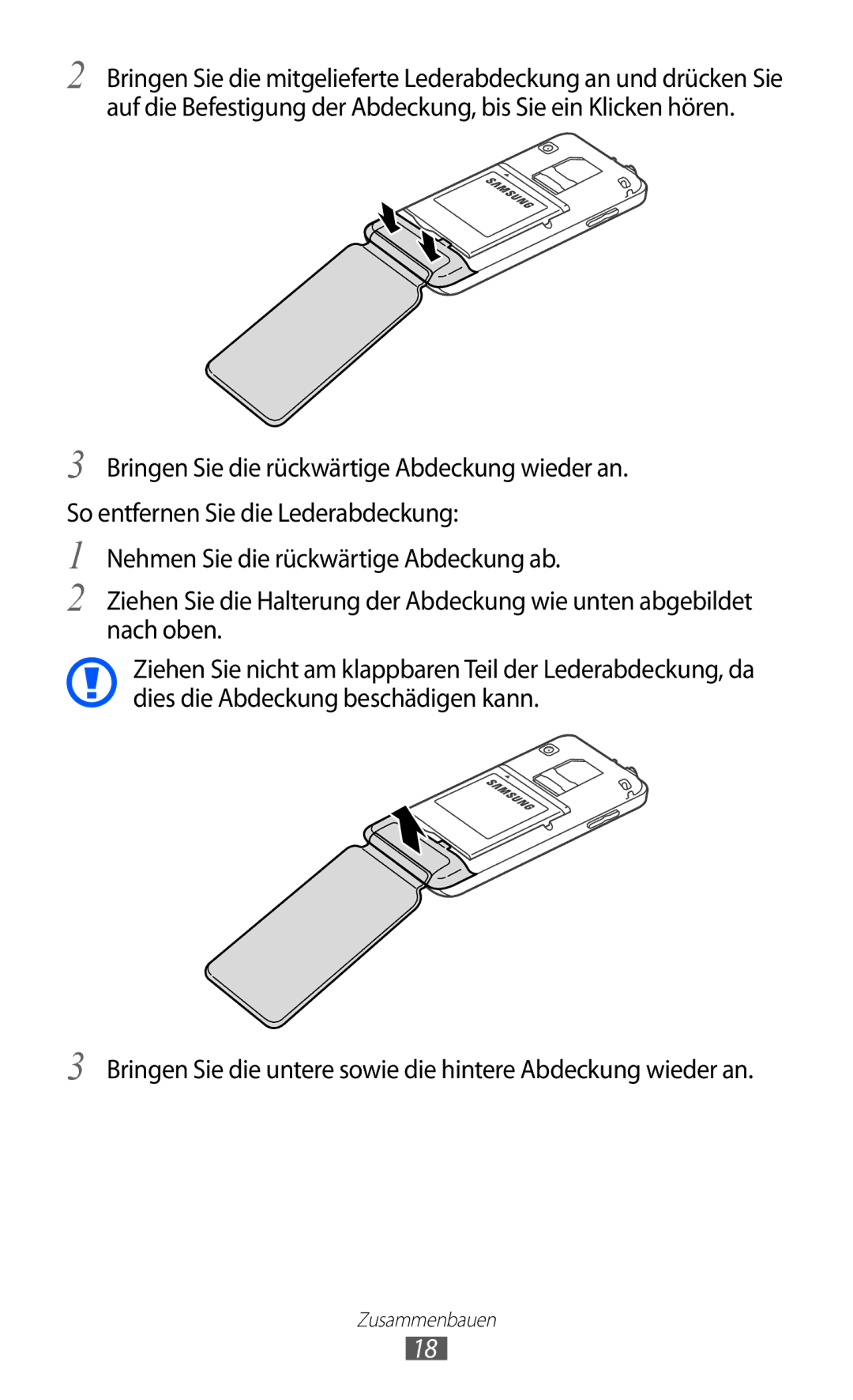 Samsung GT-S7230MKEDBT, GT-S7230TAEVD2, GT-S7230TAEDTO manual Bringen Sie die untere sowie die hintere Abdeckung wieder an 