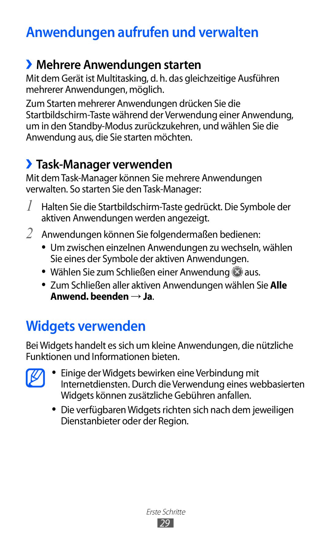 Samsung GT-S7230TAEDTO manual Anwendungen aufrufen und verwalten, Widgets verwenden, ››Mehrere Anwendungen starten 