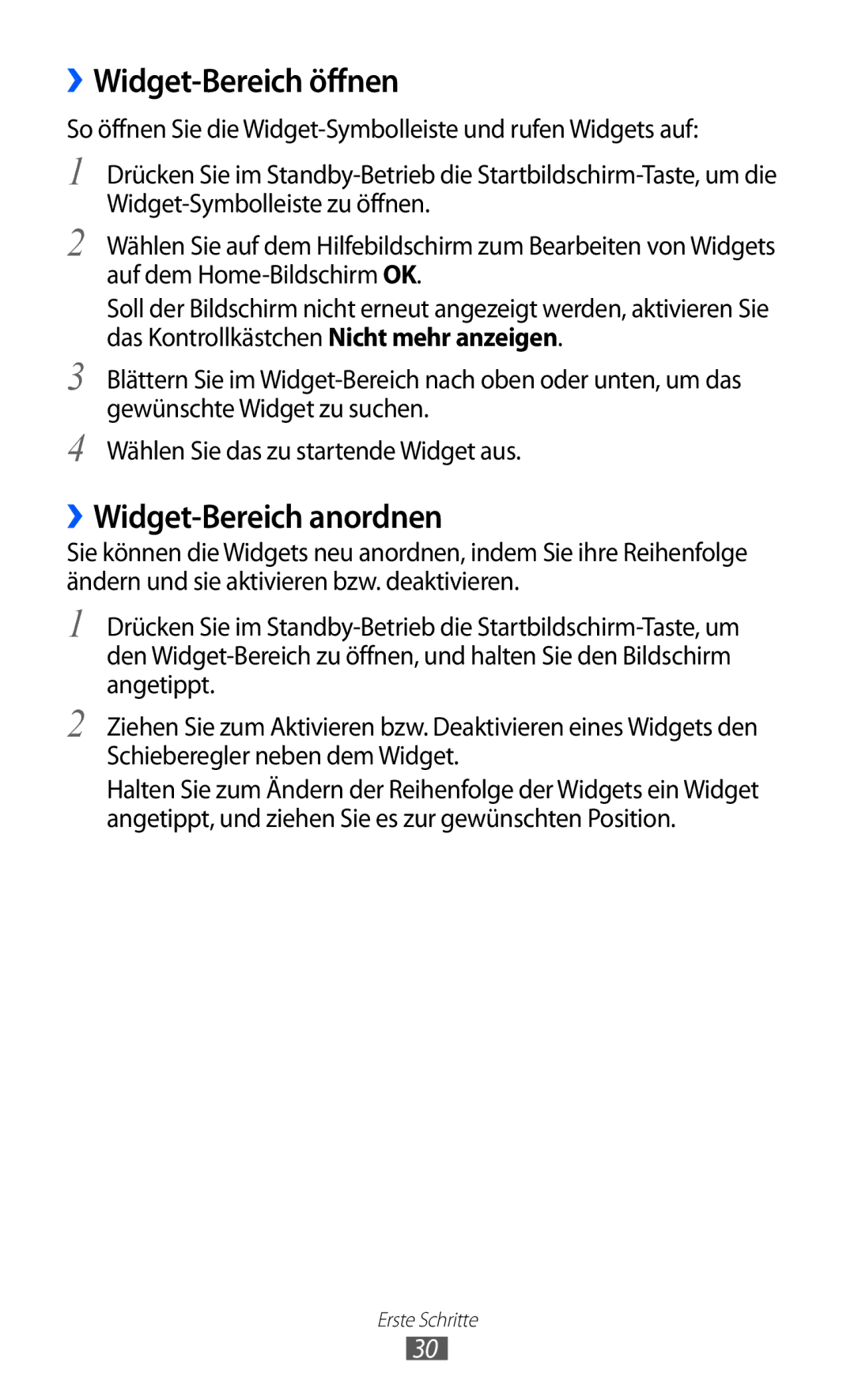 Samsung GT-S7230MKEVIA, GT-S7230TAEVD2, GT-S7230TAEDTO, GT-S7230TAEDBT ››Widget-Bereich öffnen, ››Widget-Bereich anordnen 