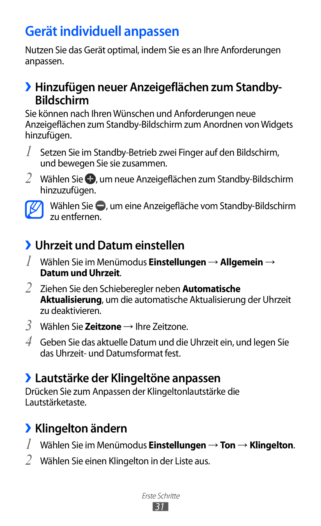 Samsung GT-S7230TAEDBT manual Gerät individuell anpassen, Bildschirm, ››Uhrzeit und Datum einstellen, ››Klingelton ändern 