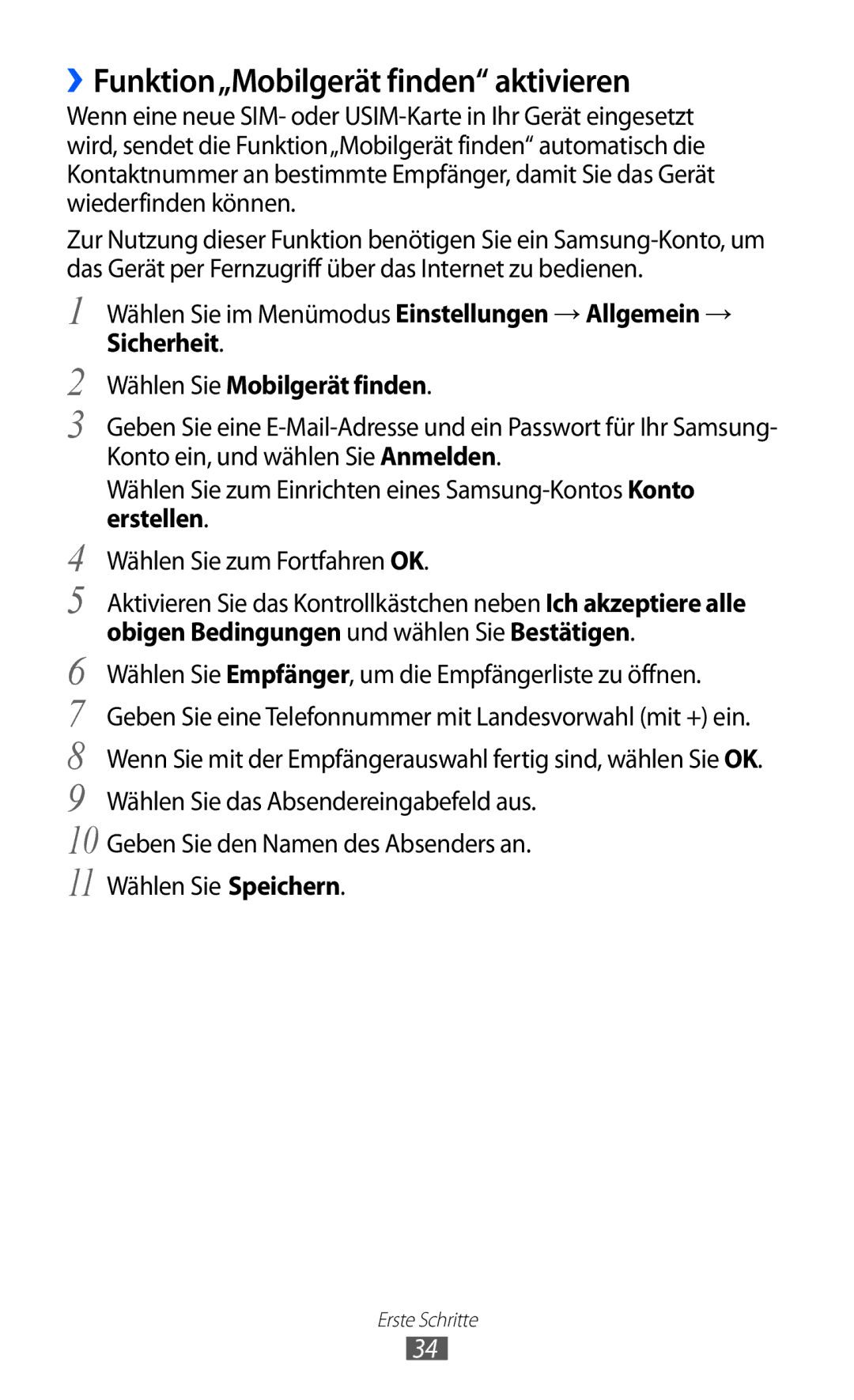 Samsung GT-S7230TAEDTM, GT-S7230TAEVD2 manual ››Funktion„Mobilgerät finden aktivieren, Wählen Sie Mobilgerät finden 