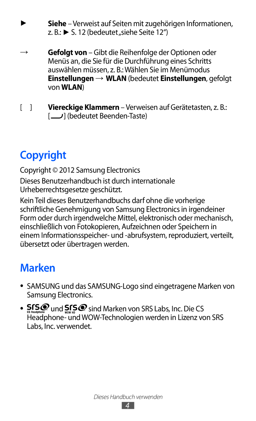 Samsung GT-S7230MKEDBT, GT-S7230TAEVD2 manual Marken, Bedeutet Beenden-Taste, Copyright 2012 Samsung Electronics 