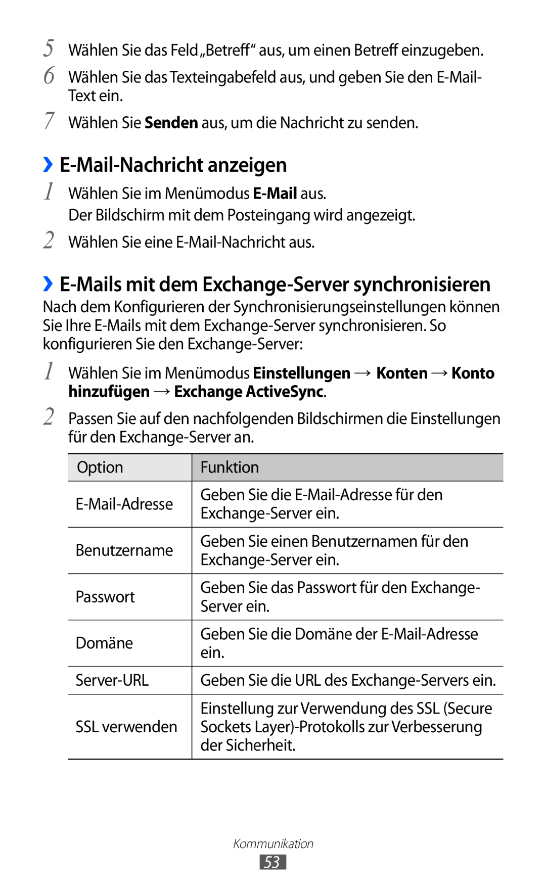 Samsung GT-S7230TAEVIA, GT-S7230TAEVD2 manual ››E-Mail-Nachricht anzeigen, ››E-Mails mit dem Exchange-Server synchronisieren 