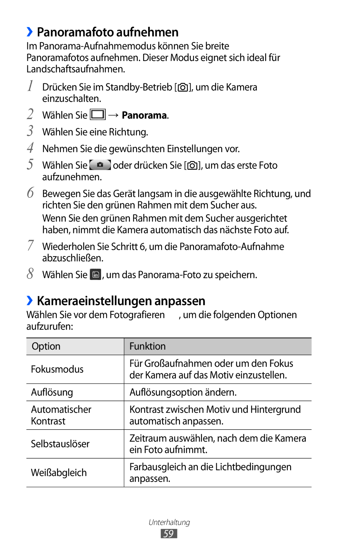 Samsung GT-S7230TAEDBT, GT-S7230TAEVD2, GT-S7230TAEDTO manual ››Panoramafoto aufnehmen, ››Kameraeinstellungen anpassen 