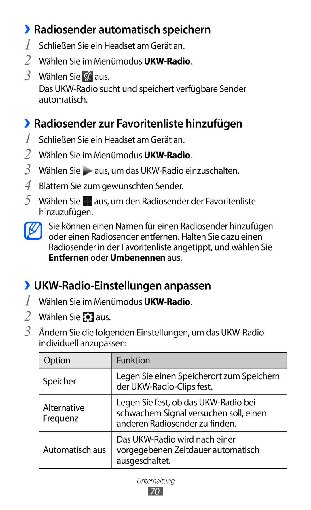 Samsung GT-S7230TAEVD2, GT-S7230TAEDTO ››Radiosender automatisch speichern, ››Radiosender zur Favoritenliste hinzufügen 