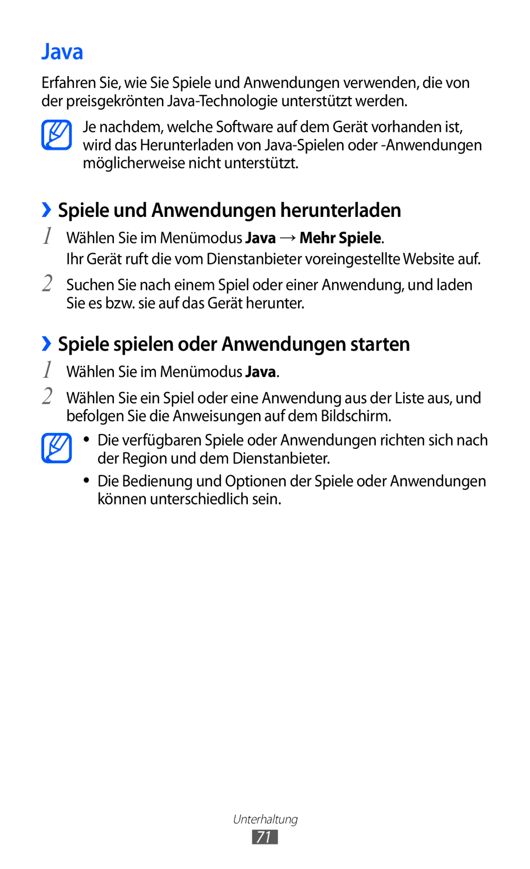 Samsung GT-S7230TAEDTO manual Java, ››Spiele und Anwendungen herunterladen, ››Spiele spielen oder Anwendungen starten 