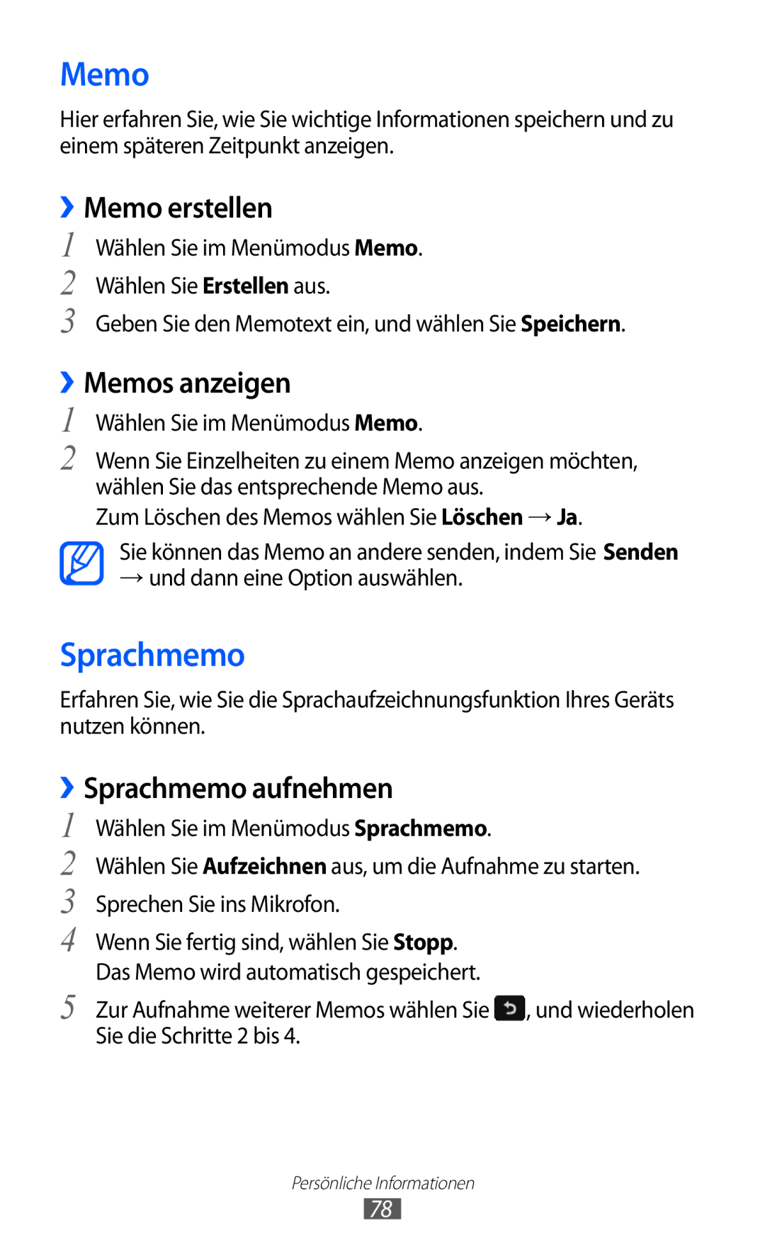 Samsung GT-S7230DWEVD2, GT-S7230TAEVD2, GT-S7230TAEDTO ››Memo erstellen, ››Memos anzeigen, ››Sprachmemo aufnehmen 