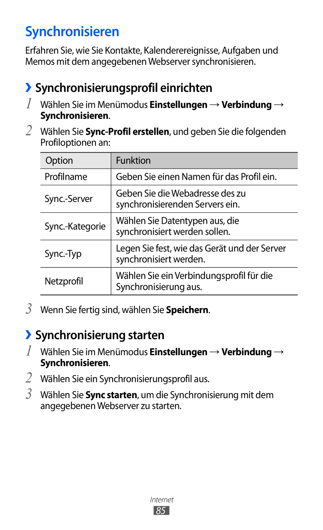 Samsung GT-S7230TAEDTO, GT-S7230TAEVD2 Synchronisieren, ››Synchronisierungsprofil einrichten, ››Synchronisierung starten 