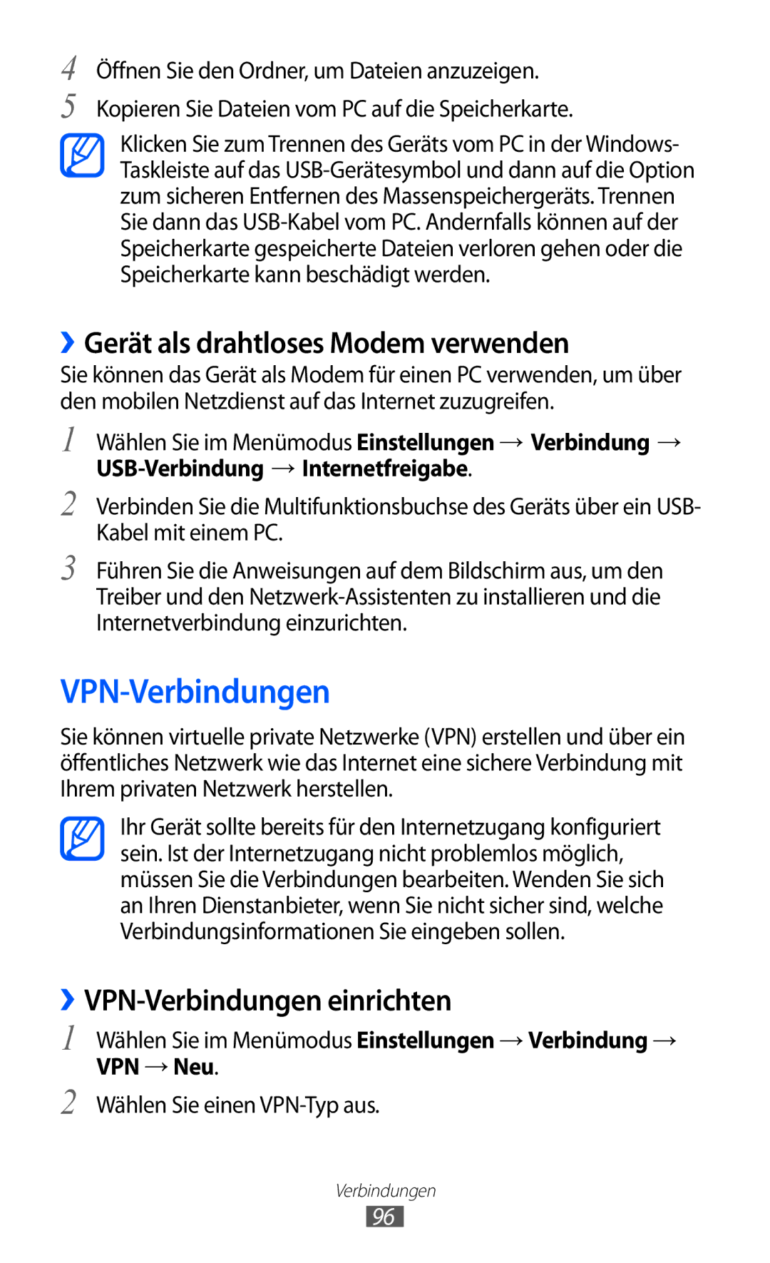 Samsung GT-S7230TAADBT, GT-S7230TAEVD2 manual ››Gerät als drahtloses Modem verwenden, ››VPN-Verbindungen einrichten 