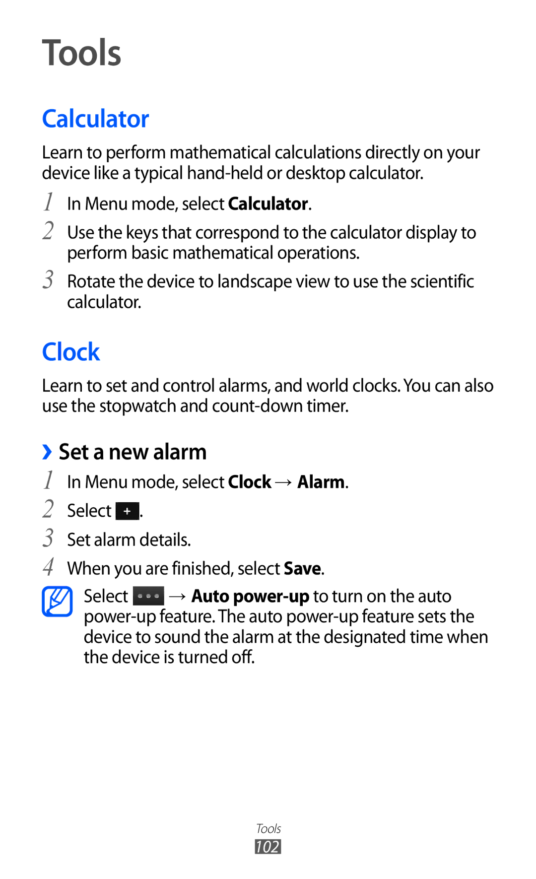 Samsung GT-S7250MSASFR, GT-S7250MSADBT, GT-S7250MSANRJ, GT-S7250MSAFTM manual Tools, Calculator, Clock, ››Set a new alarm 