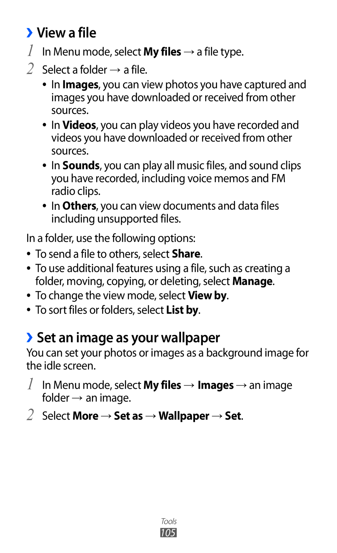 Samsung GT-S7250MSADBT manual ››View a file, ››Set an image as your wallpaper, Select More → Set as → Wallpaper → Set 