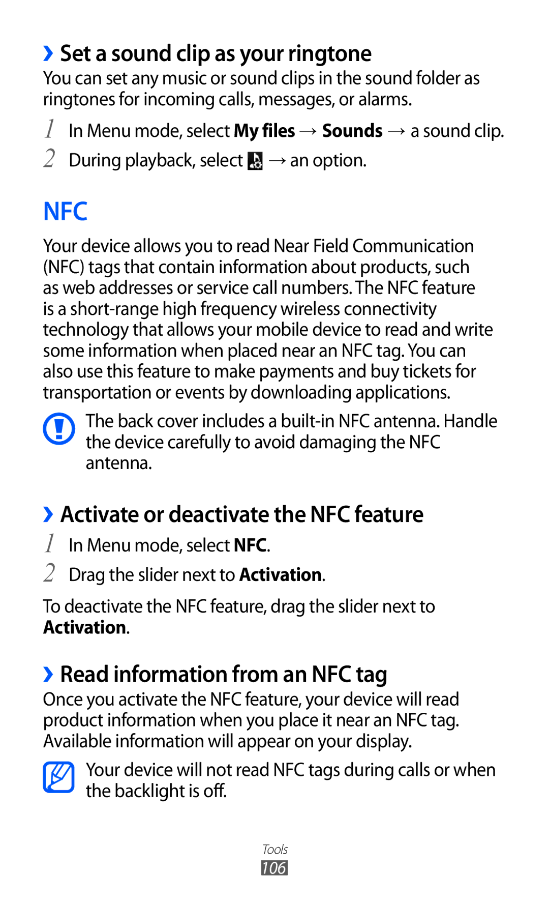 Samsung GT-S7250MSANRJ, GT-S7250MSADBT manual ››Set a sound clip as your ringtone, ››Activate or deactivate the NFC feature 
