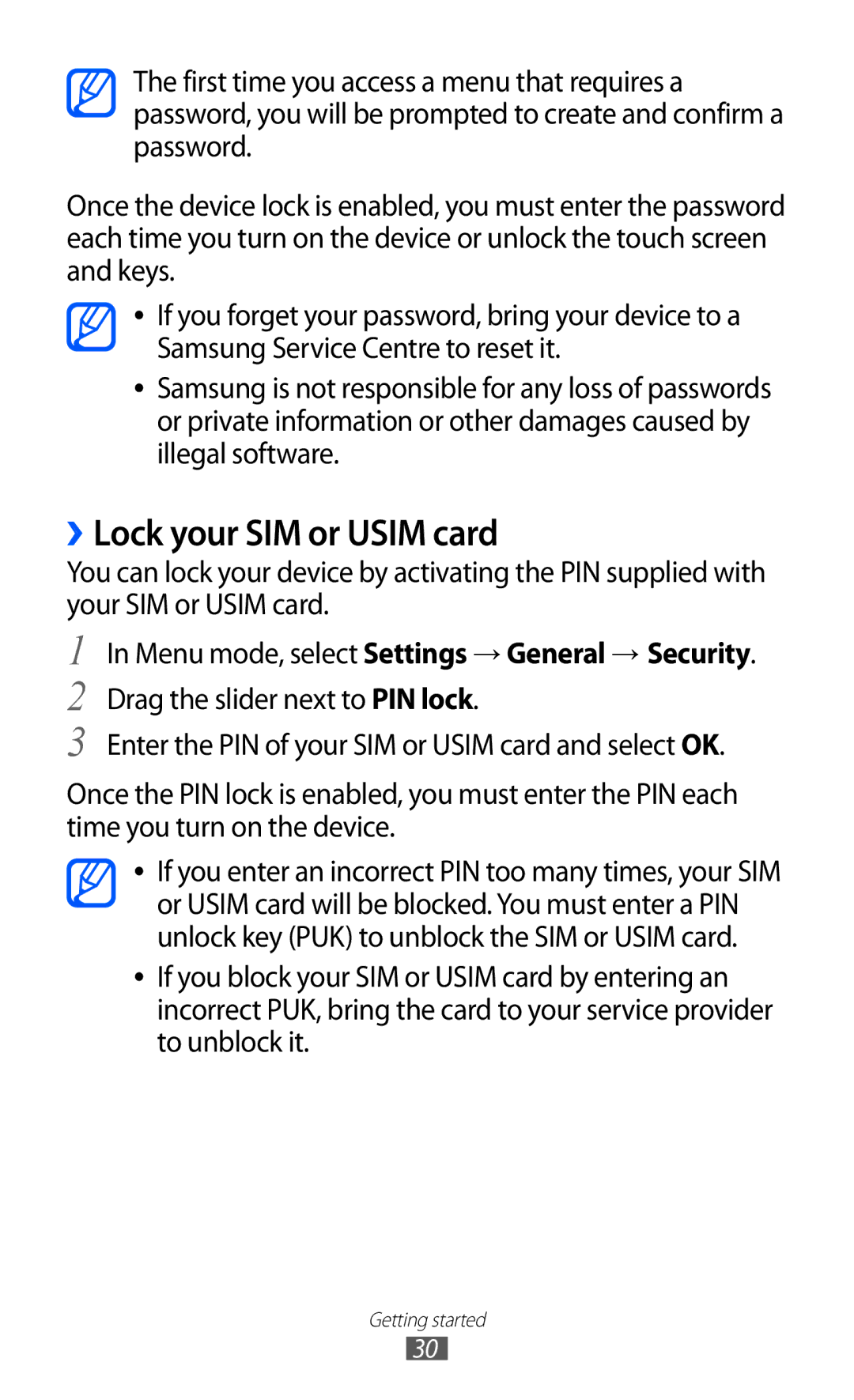 Samsung GT-S7250MSAFTM, GT-S7250MSADBT, GT-S7250MSANRJ, GT-S7250MSAXEF, GT-S7250MSASFR manual ››Lock your SIM or Usim card 