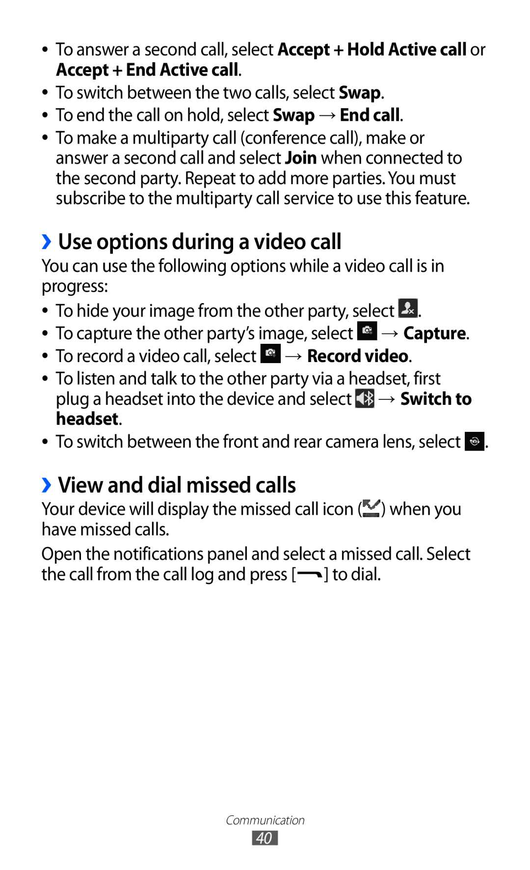 Samsung GT-S7250MSABOG manual ››Use options during a video call, ››View and dial missed calls, → Record video, Headset 