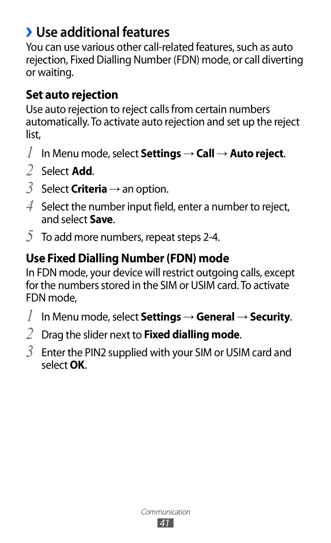 Samsung GT-S7250MNAXEF, GT-S7250MSADBT manual ››Use additional features, Menu mode, select Settings → Call → Auto reject 