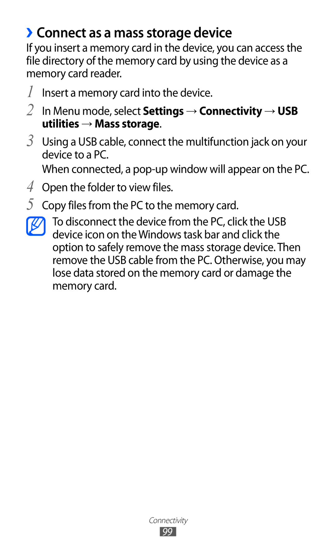 Samsung GT-S7250MSANRJ, GT-S7250MSADBT, GT-S7250MSAFTM, GT-S7250MSAXEF, GT-S7250MSASFR ››Connect as a mass storage device 