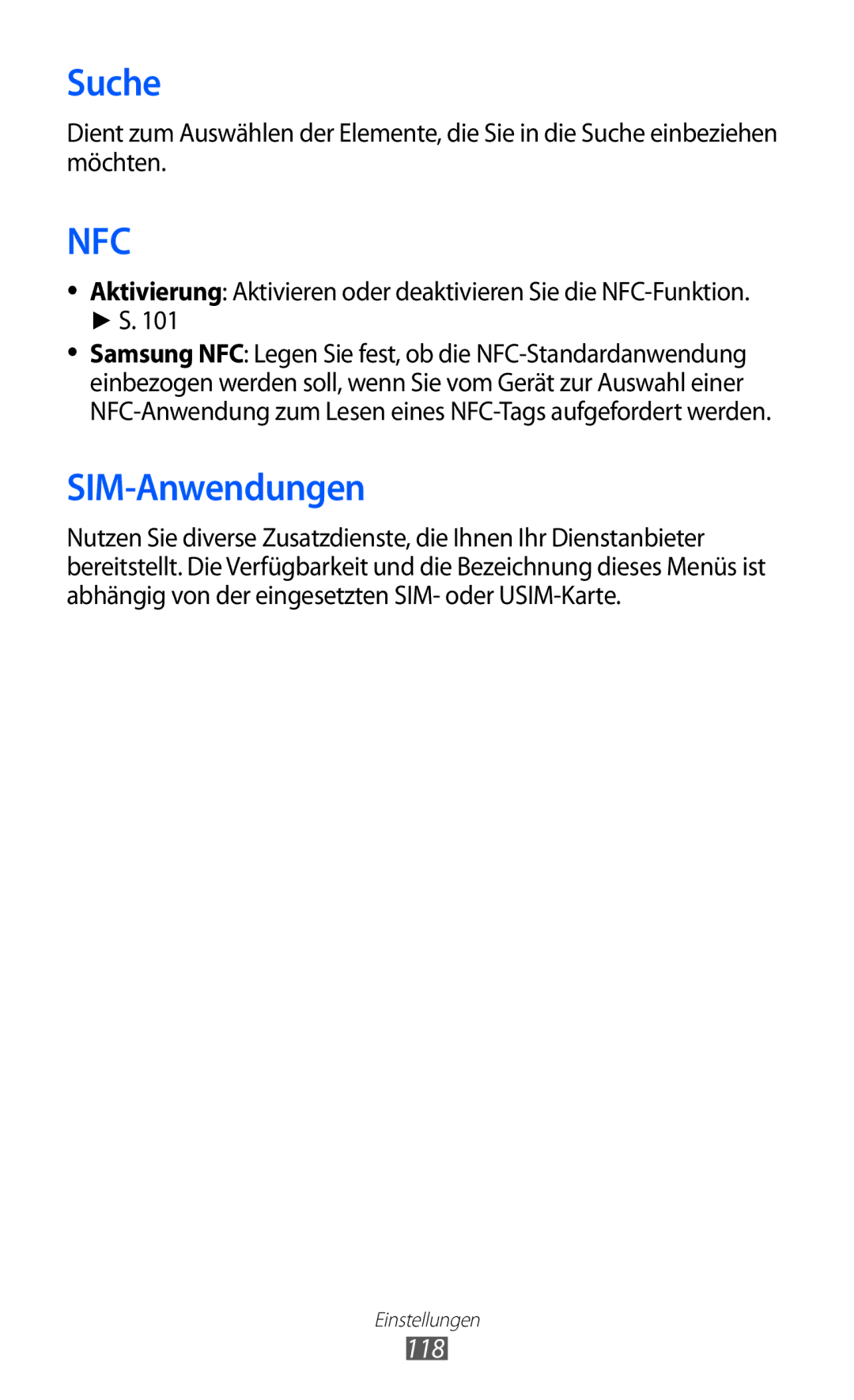 Samsung GT-S7250MSADBT manual Suche, SIM-Anwendungen, 118 