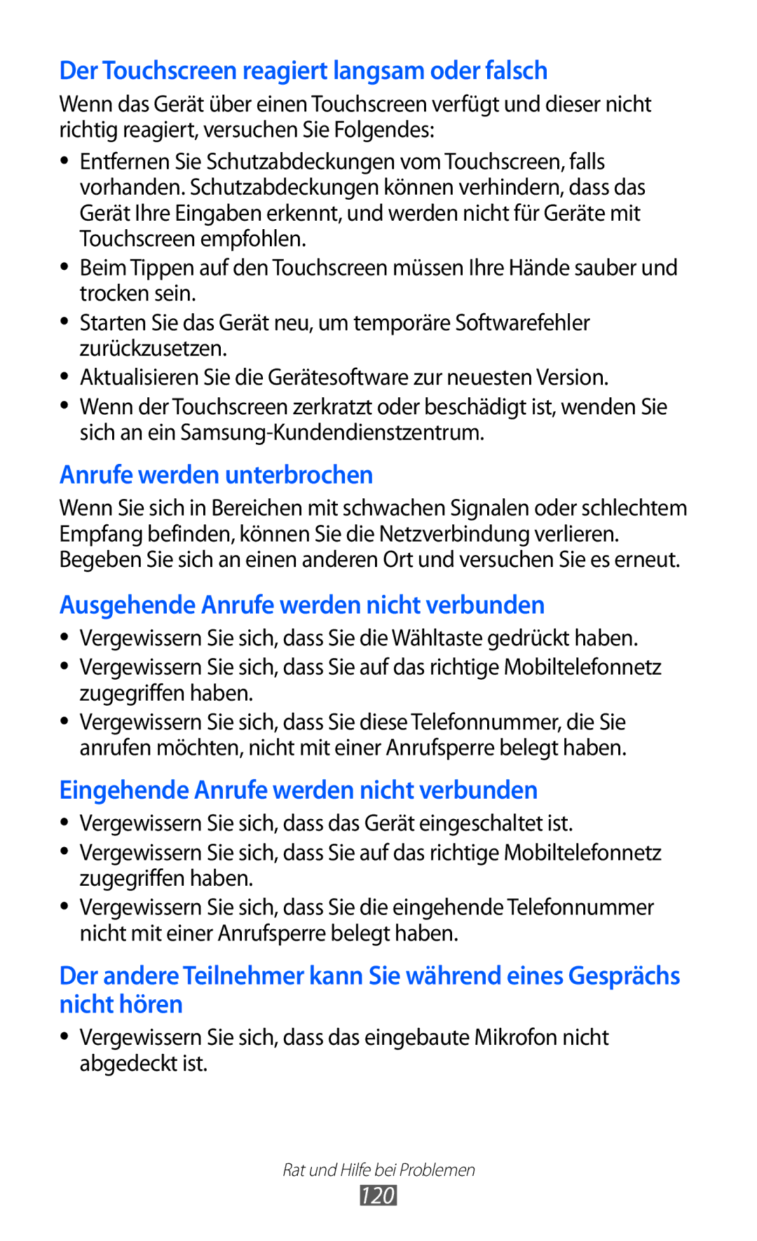 Samsung GT-S7250MSADBT manual Der Touchscreen reagiert langsam oder falsch, 120 