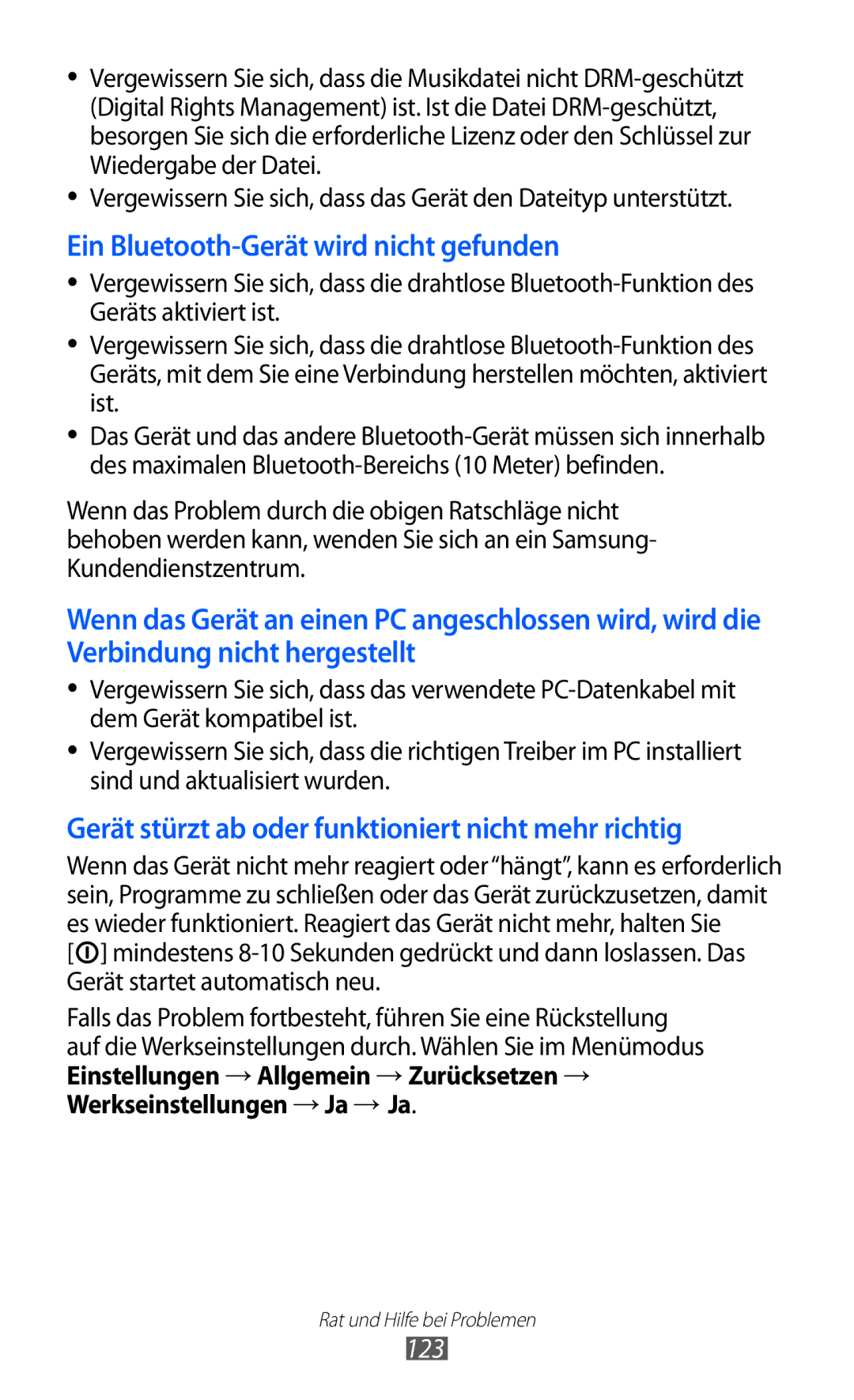 Samsung GT-S7250MSADBT manual Ein Bluetooth-Gerät wird nicht gefunden, 123 