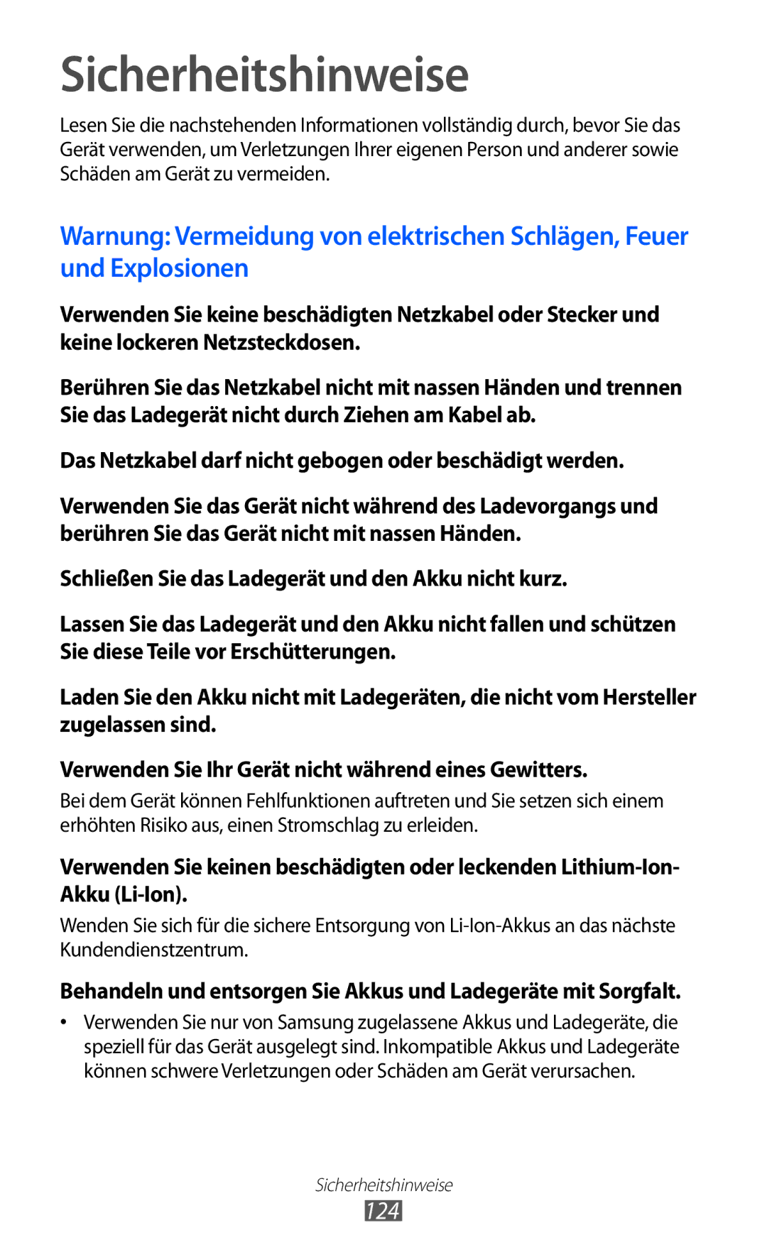 Samsung GT-S7250MSADBT manual Sicherheitshinweise, 124, Das Netzkabel darf nicht gebogen oder beschädigt werden 