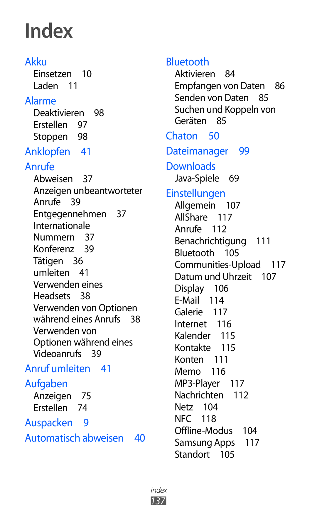 Samsung GT-S7250MSADBT manual Index, 137 