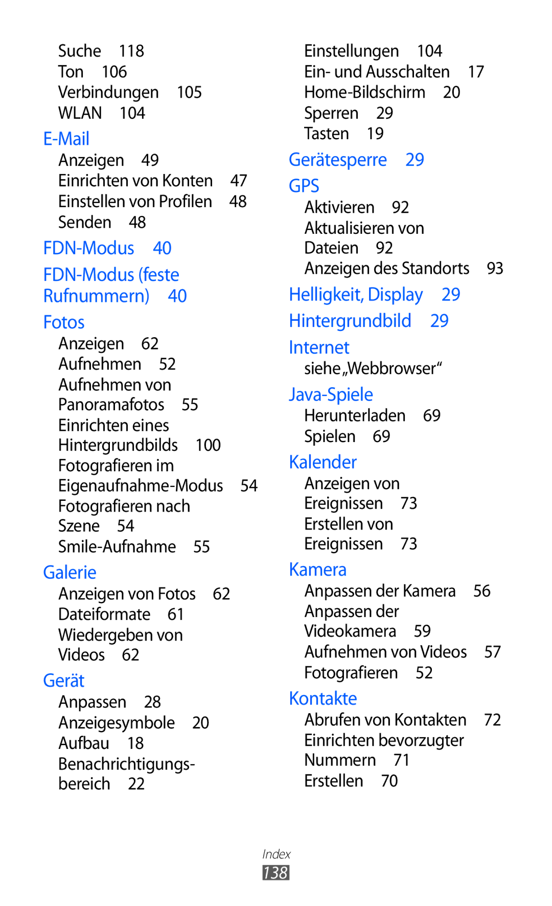 Samsung GT-S7250MSADBT manual 138, Aktivieren 92 Aktualisieren von Dateien , Anpassen der, Einrichten bevorzugter 