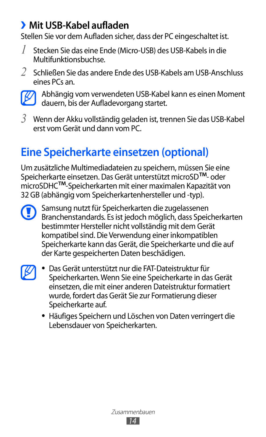 Samsung GT-S7250MSADBT manual Eine Speicherkarte einsetzen optional, ››Mit USB-Kabel aufladen 