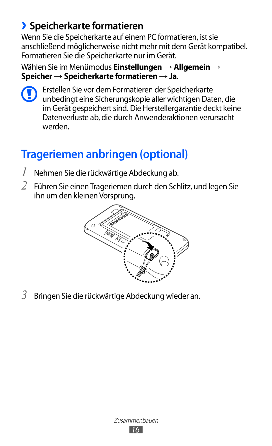 Samsung GT-S7250MSADBT manual Trageriemen anbringen optional, ››Speicherkarte formatieren 